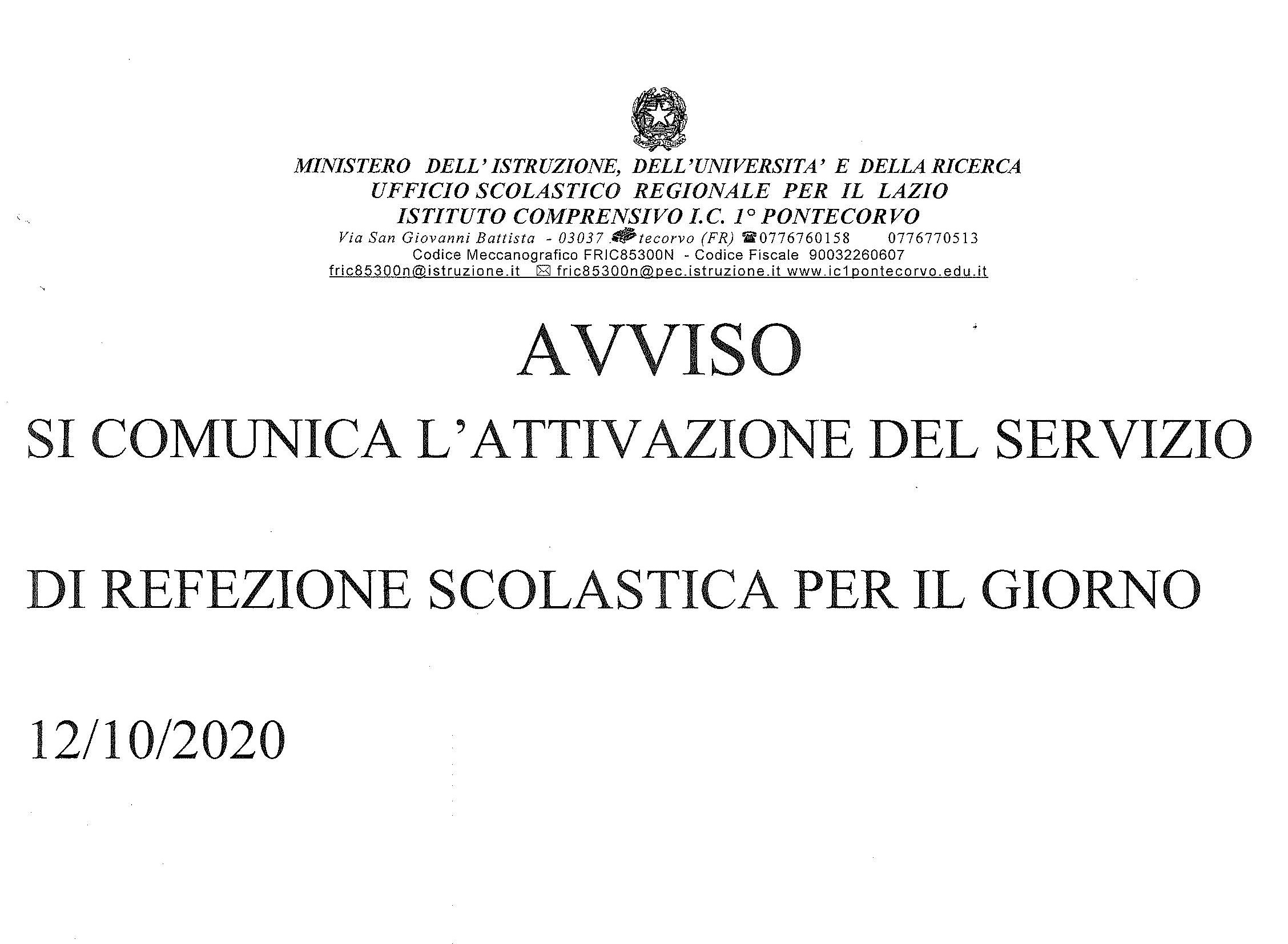 AVVISO attivazione del servizio di refezione scolastica