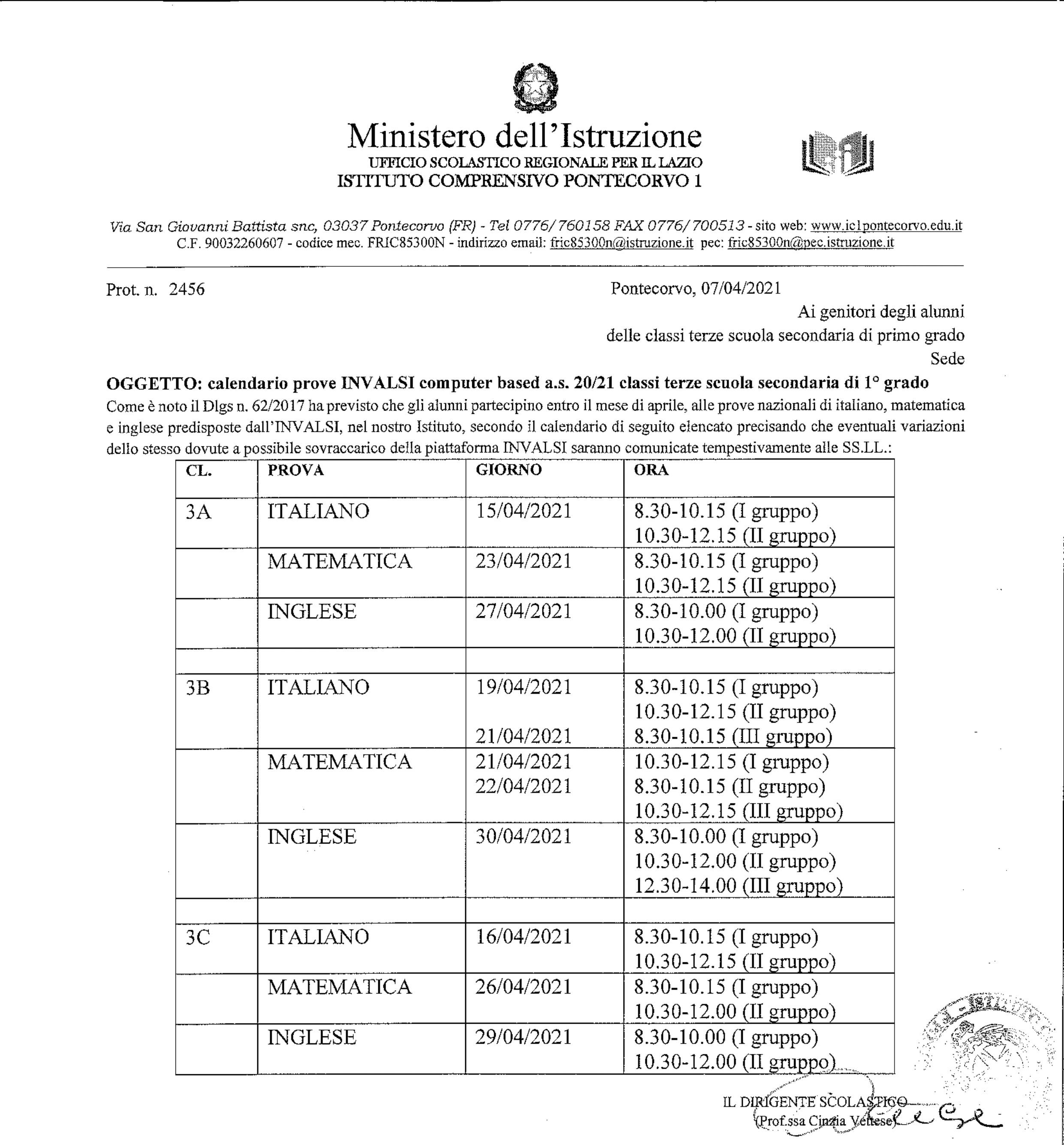 calendario invalsi sec. 1 grado