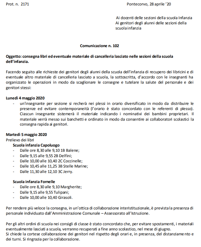 COMUNICAZIONE N.102 recupero libri scuola infanzia