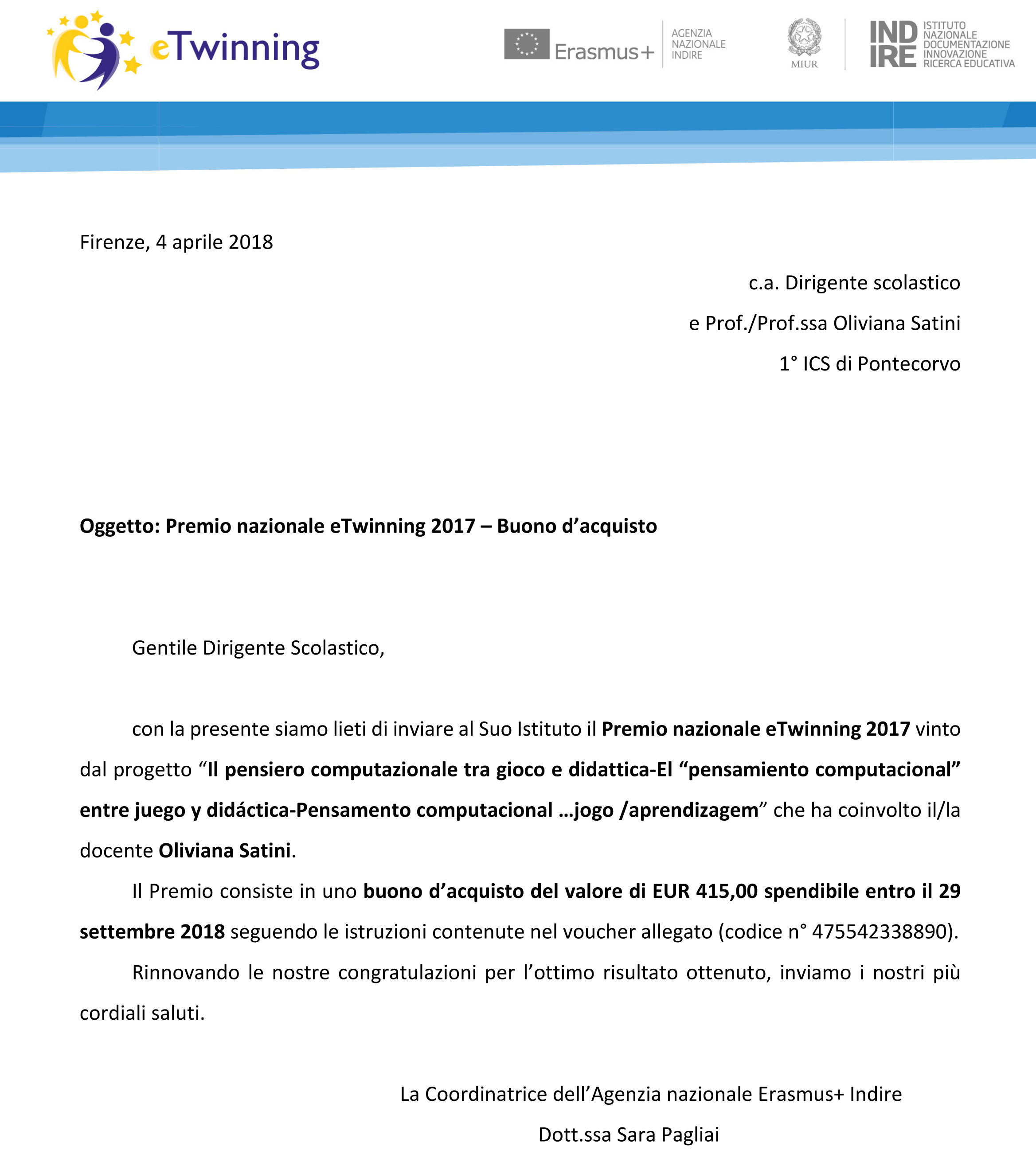 IC di Pontecorvo Voucher Premio nazionale eTwinning 2017